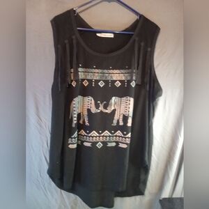 Maurice Black Sleeveless Top with Elephant Print And Tassel Tank Top